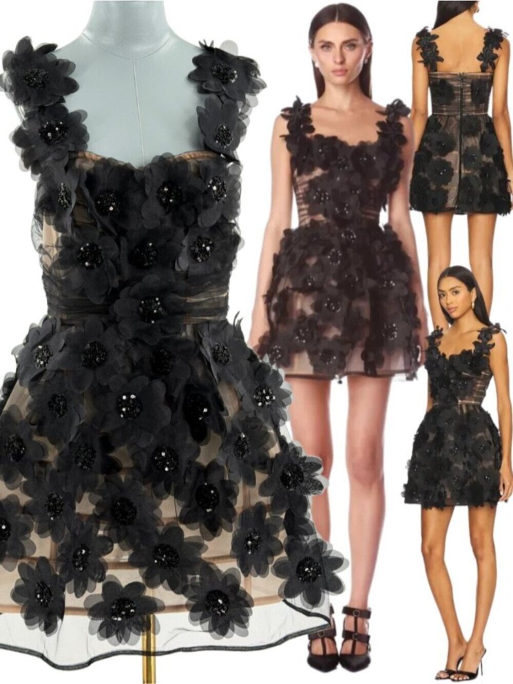 🆕 BRONX & BANCO 🧿 NWOT Rosalie Noir Floral-Appliqué Tulle Mini Dress, Sz L US8